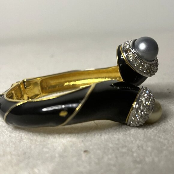 Vintage Kenneth Jay Lane Black and Gold Enamel, Rhinestone Clamper Bracelet - Picture 4 of 9